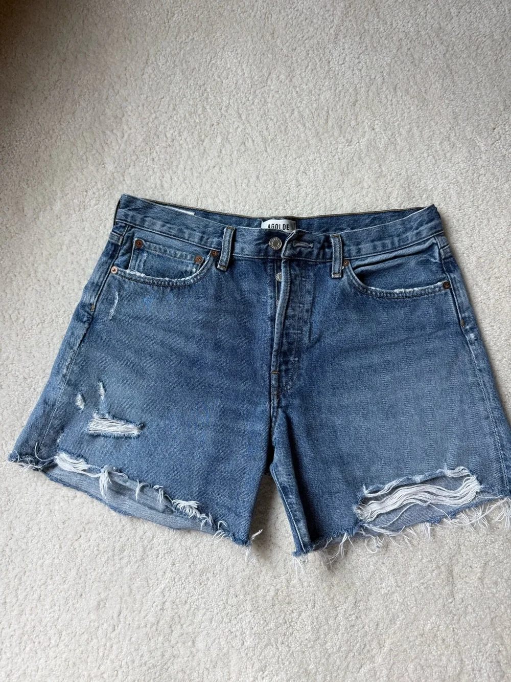 AGOLDE Women's Parker Long High-Rise Distressed Denim Shorts in Medium Blue